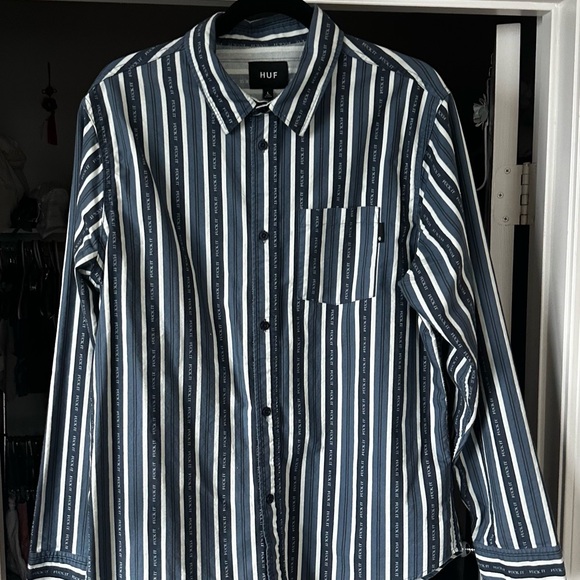 HUF Men's Navy and White Striped Button Down Shirt Funny Message Size- Mens L - Picture 1 of 10